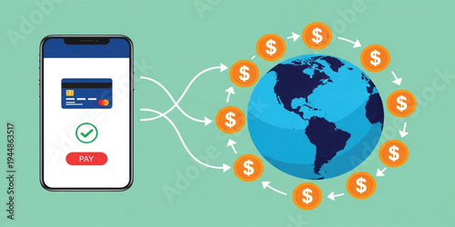 Mobile Payment and Global Money Transfer Concept with Smartphone Credit Card App and World Map, Digital Banking and Online Financial Transaction Vector Illustration
