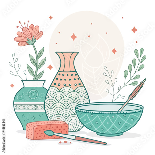 Whimsical illustration of pottery crafting essentials decorative ceramic vases, a handcrafted bowl, clay, and a paintbrush, symbolizing creative artistry