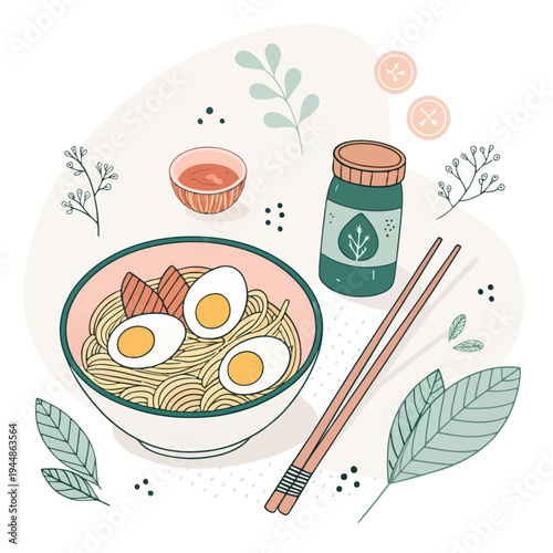 Artistic vector illustration of a comforting bowl of traditional ramen noodles with soft-boiled eggs and fresh herbs, surrounded by essential culinary elements for a wholesome meal