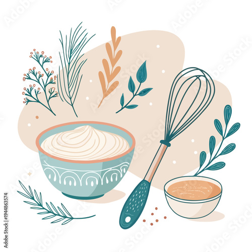 Artistic culinary composition featuring a whisk, creamy sauce in bowls, and aromatic herbs, perfect for food preparation, cooking, and baking designs