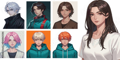 Modern Anime Avatar Character Vector Set Featuring Stylish Male and Female Portraits with Colorful Hair for Gaming Profiles, Social Media, and Webtoons