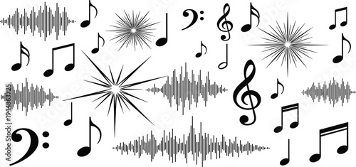 Music Notes and Sound Wave Elements Collection with Starburst Effects Audio Symbols Set for Recording Studio Media Design and Creative Projects