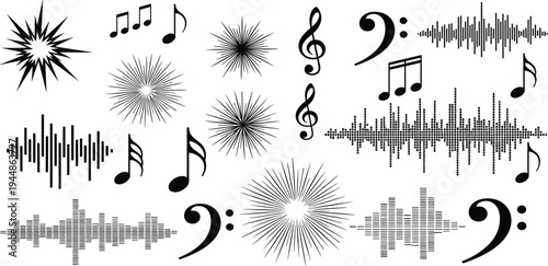 Music Sound Elements Collection with Audio Waveforms, Musical Notes, Treble and Bass Clefs, and Starburst Effects for Recording, DJ, Media, and Vector Design