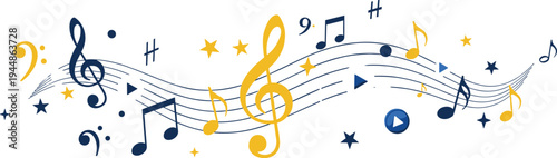 Musical Notes Wave with Treble Clef and Melody Symbols Flowing on Staff Lines for Music Festival Posters, Sound Design, Education, and Entertainment Graphics