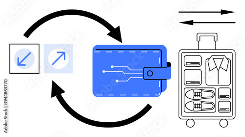 Digital payments, travel planning, secure transactions, minimalism, organization, finance management. Digital wallet and suitcase graphic. Digital payments and travel planning concept