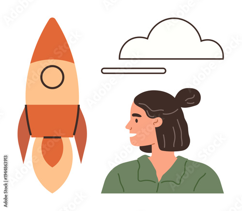 Innovation, creativity, entrepreneurship, future goals, career vision, technology inspiration. A woman gazes at a rocket next to a cloud. Innovation and creativity concept