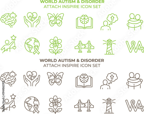 Autism awareness icons set with puzzle pieces hearts brains and people  World Autism Disorder signs and symbols for support and education