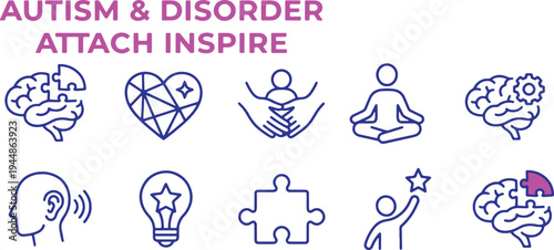 Autism and disorder awareness symbols with puzzle pieces brain hands heart and star icons for support and inspiration  mental health and wellness concepts