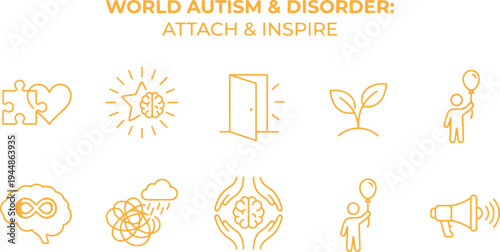 Autism awareness symbols  autism disorder signs  autism support icons  orange line icons