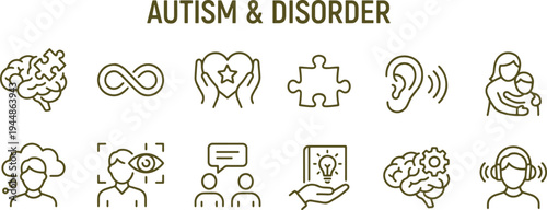 Autism disorder icons set with brain puzzle infinity symbol and people  autism awareness symbols with line style in brwon