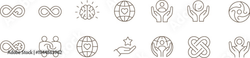 Line icons of infinity heart globe and people hands symbolizing love care and connection in business and social issues concepts  various symbolic illustrations