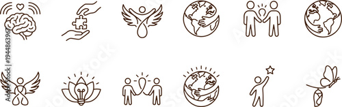 Line icons of people helping each other and environmental and mental health concepts  various illustrations of global care and support