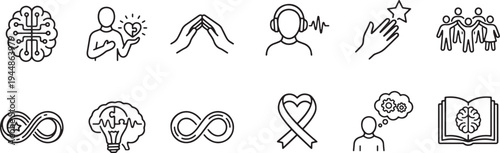 Line icons of various concepts including brain heart infinity people lightbulb book and hands  representing ideas and emotions