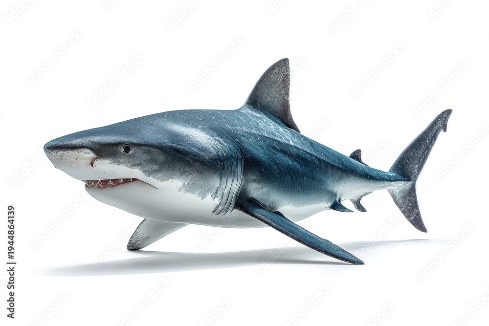 Fototapeta premium Great white shark side view, isolated on white background