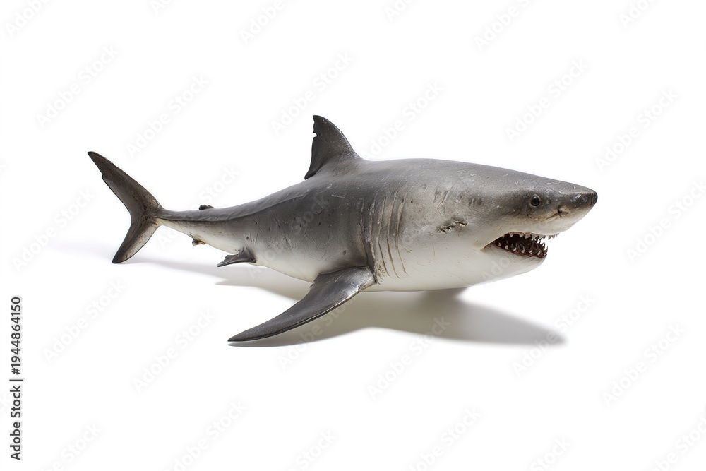 Obraz premium Great white shark side view, isolated on white background