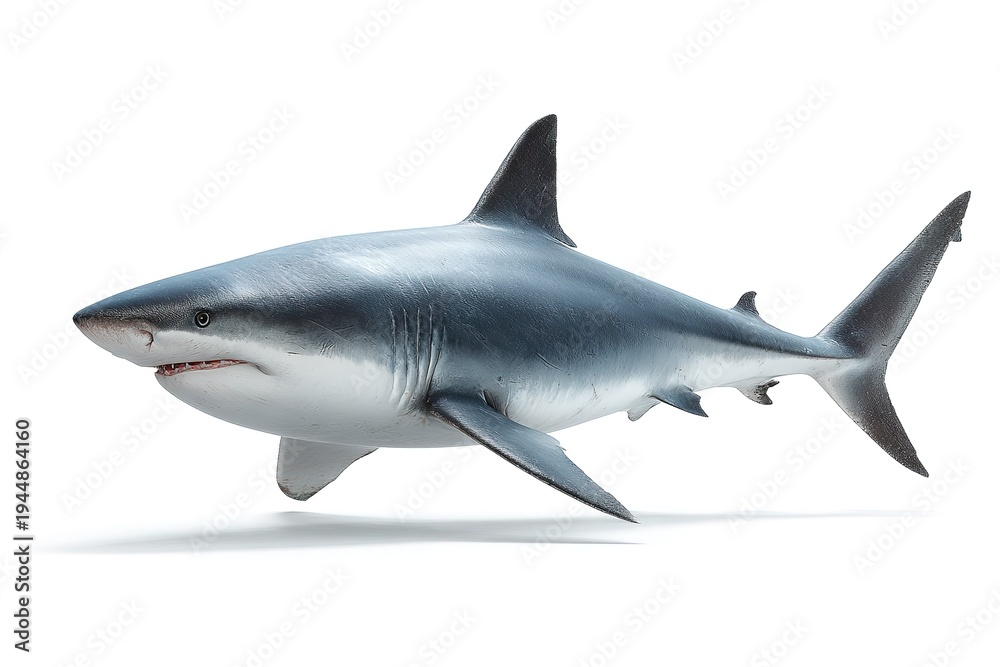 Obraz premium Great white shark side view, isolated on white background