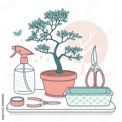 Bonsai tree care and cultivation illustration with pruning tools and watering can