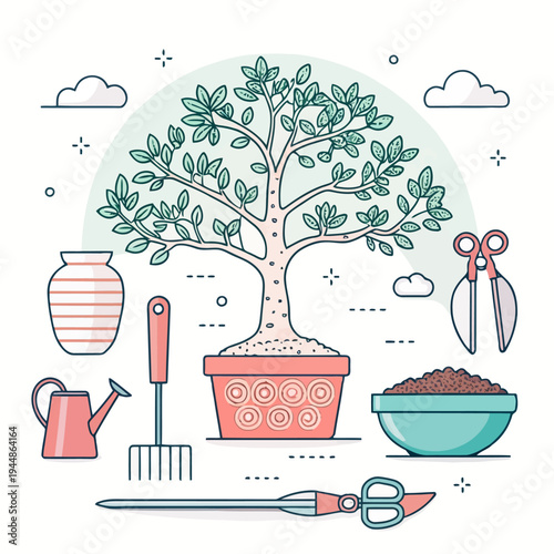 Elegant Bonsai Tree with Essential Gardening Tools in a Detailed Flat Line Art Illustration for Horticultural Hobbies and Plant Care