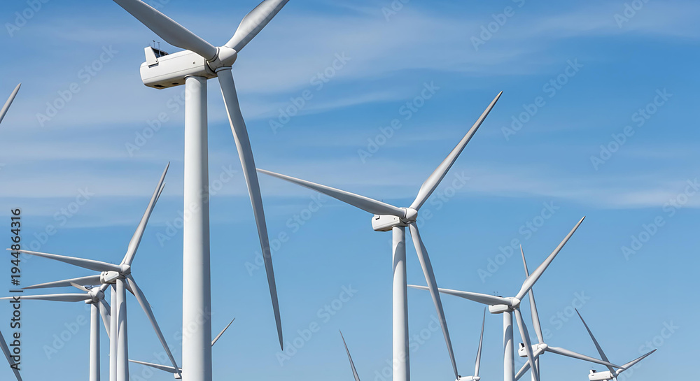 Fototapeta premium Modern wind turbines generating clean renewable energy against a clear blue sky
