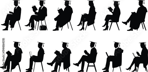 Graduates Silhouettes Sitting Reading Books Wearing Caps