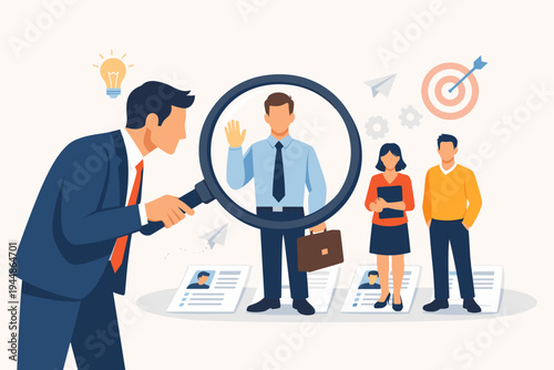 Recruitment and hiring concept with businessman looking through magnifying glass at job applicants. HR manager searching for talent, choosing best candidate from group with resumes and icons.