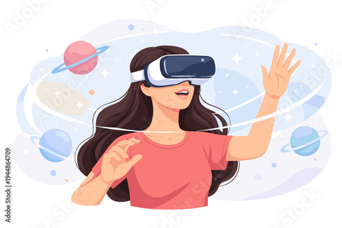 Vector illustration of a young woman wearing a virtual reality headset exploring a cosmic space environment with planets and stars, touching the air in an immersive digital metaverse experience.