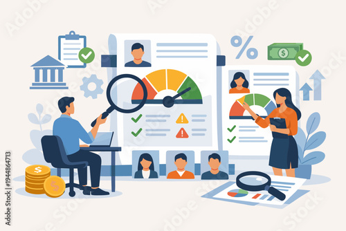 Business analysts evaluating credit history and scores of prospective applicants for financial loans. Flat vector illustration of banking professionals assessing risk, financial data, and profiles.