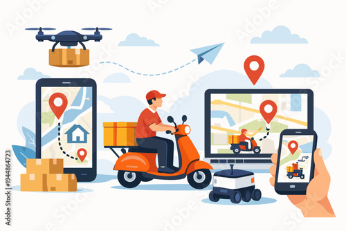 Modern delivery service concept with drone, scooter courier, autonomous robot, and mobile app tracking on smartphone and laptop for efficient e-commerce logistics and shipping business solutions.