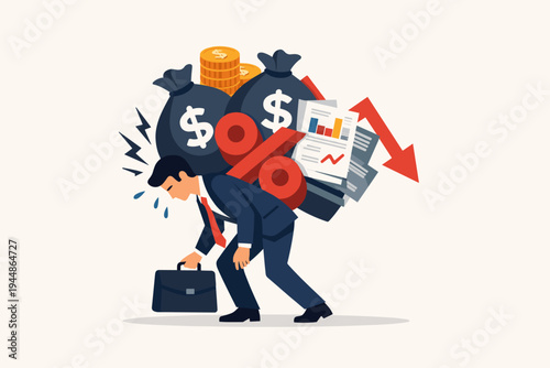 Businessman Carrying Heavy Load of Taxes, Interest Rates, and Debt on His Back. Stressed Man Struggling with Financial Burden, Economic Crisis, Inflation, and Falling Profits. Flat Illustration.