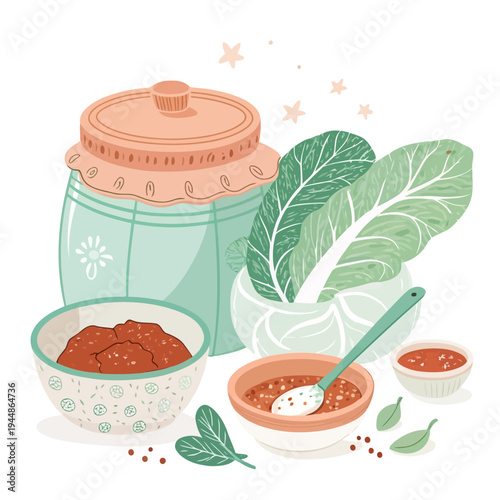 Charming illustration of a homemade culinary setup featuring fresh ingredients, rich sauces in bowls, and crisp lettuce leaves, ready for delightful meal preparation