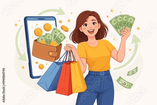 Happy young woman holding shopping bags and cash, earning cashback rewards from a mobile app. Flat vector illustration of digital wallet, money, coins, and online shopping discount concept.
