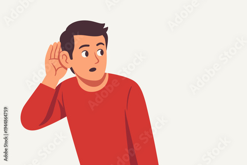 Vector Illustration of a Curious Young Man in a Red Shirt Cupping His Hand to His Ear to Listen Carefully, Eavesdropping on a Secret Conversation with a Surprised Expression, Nosy Person Concept.