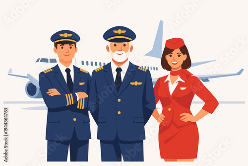 Professional Airline Crew Illustration with Two Pilots and a Flight Attendant in Uniform Standing in Front of a Commercial Airplane, Flat Vector Design for Aviation, Travel, and Tourism.