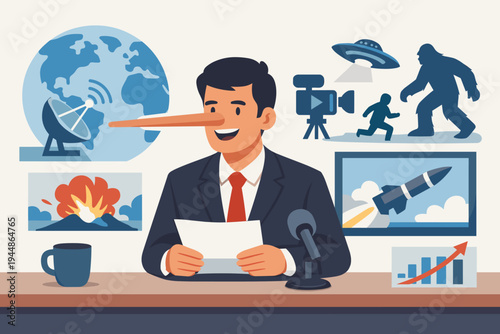 News anchor with a long Pinocchio nose reporting fake news and misinformation on television, flat vector illustration featuring icons of UFOs, Bigfoot, explosions, and media propaganda graphics.