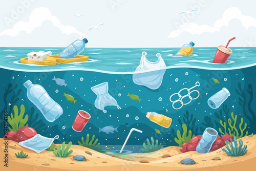 Plastic pollution in the ocean vector illustration showing waste like bottles, bags, and cans floating in the sea and on the seabed, highlighting environmental damage to marine life and ecosystems.