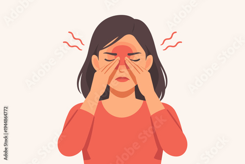 Young woman suffering from severe headache, sinus pain, or migraine, touching the bridge of her nose with eyes closed in discomfort, flat vector illustration for medical and healthcare concepts.