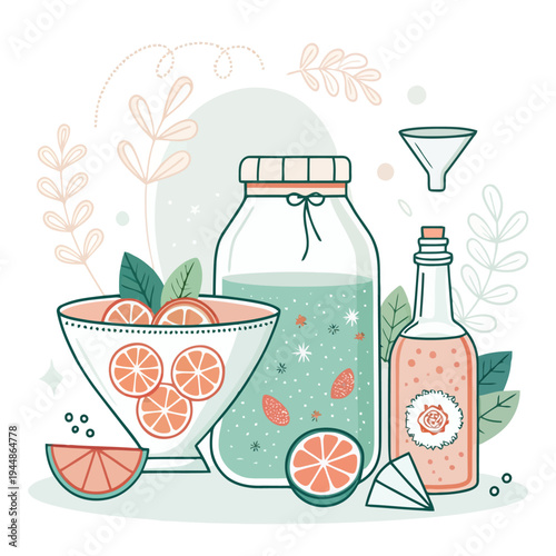 Healthy homemade orange juice and herbal infusions with fresh fruit and botanicals