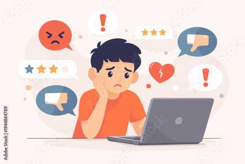Sad Boy Receiving Negative Feedback Online, Cyberbullying Concept with Unhappy Child at Laptop Surrounded by Angry Emojis, Thumbs Down, and Low Star Ratings, Simple Flat Vector Illustration