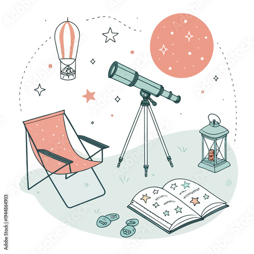 Outdoor stargazing adventure with telescope, hot air balloon, and open book