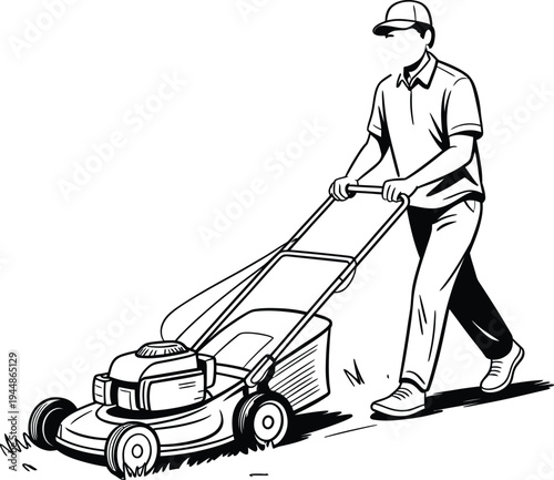Man Mowing Lawn with Push Mower in Black and White