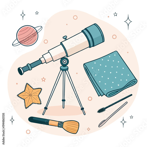 Vector illustration of essential astronomy tools and accessories, featuring a telescope, celestial objects, and cleaning supplies for stargazing and cosmic exploration