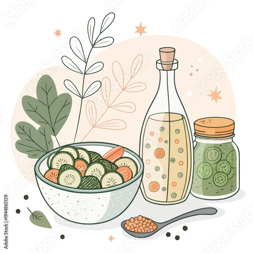 Vibrant and fresh collection of healthy organic ingredients including a crisp vegetable salad, olive oil, and preserved cucumbers, perfect for a wholesome plant-based meal preparation