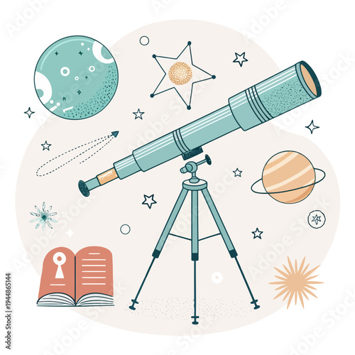 Whimsical illustration of a powerful astronomical telescope observing planets and stars, symbolizing space exploration, scientific discovery, and the wonder of the cosmos