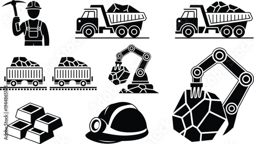 Mining Icons Set with Trucks, Excavator, Worker and Gold Bars