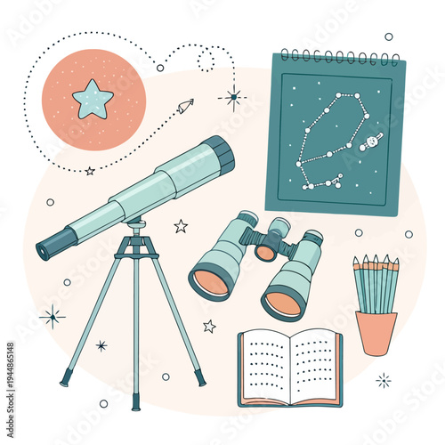 A charming collection of astronomy tools and learning supplies for stargazing and exploring the wonders of the night sky, perfect for education and hobby