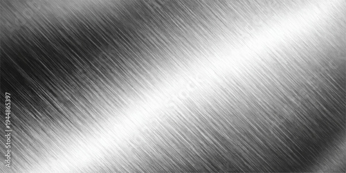 A shiny brushed metal plate texture features a polished silver stainless steel surface with a gray industrial material pattern and light metallic reflections on a seamless aluminum backdrop