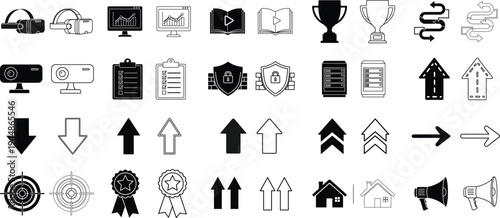 A collection of black and white icons on a white background isolated on transparent background, Vector