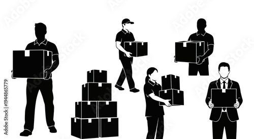 Silhouettes of people carrying and stacking boxes.