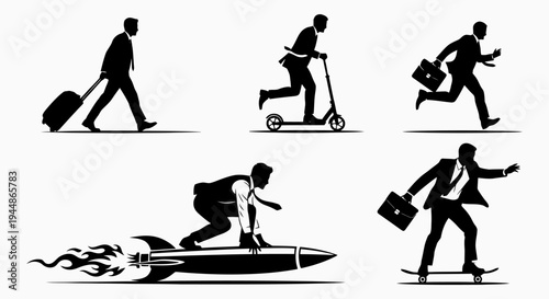 Businessmen in Various Modes of Transportation and Movement.