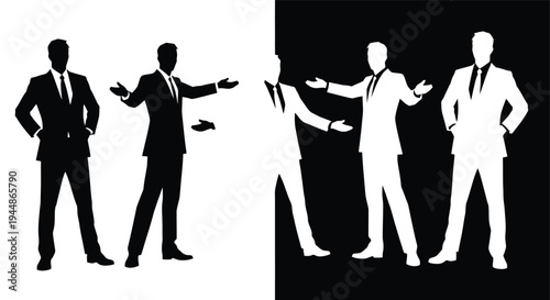 Two businessmen silhouettes presenting with open arms.